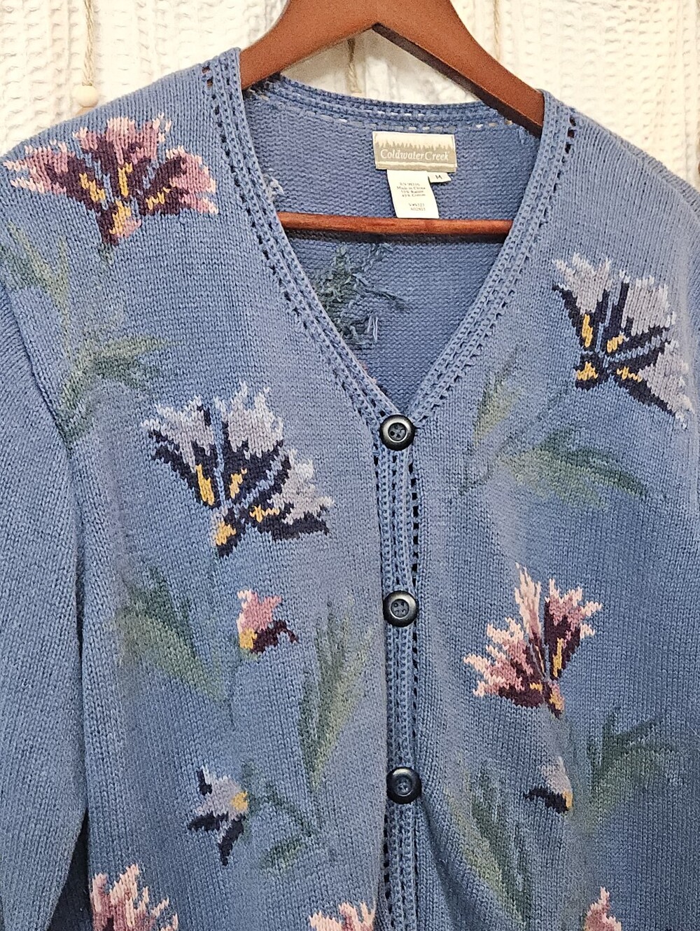 Coldwater Creek Vintage Blue Floral Knit Cardigan Sweater Medium Cottagecore - Picture 4 of 16